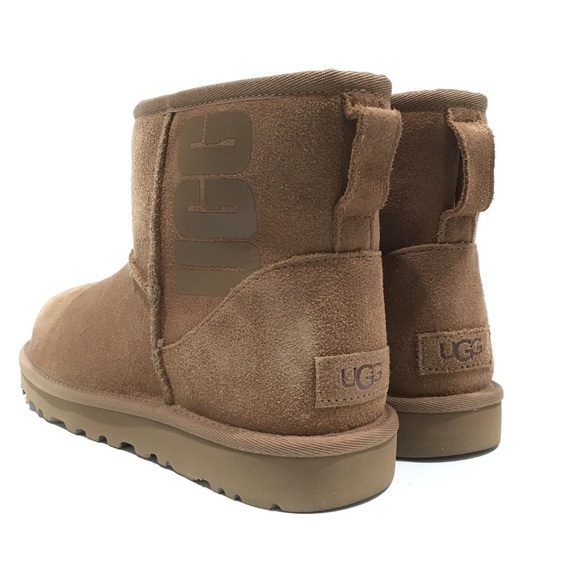 UGG CLASSIC MINI UGG RUBBER LOGO BOOTS -CHESTNUT SUEDE /UGGPure -WOMEN’S US 10 - Picture 3 of 7